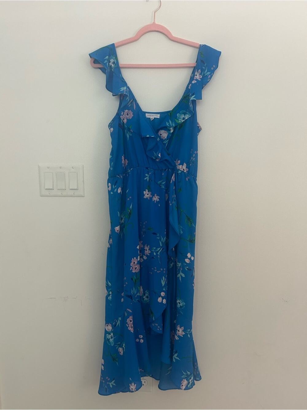 Socialite Womens Large Blue Floral Wrap Midi Dress Ruffle Sleeves Lined
